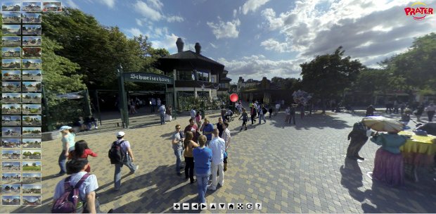 360-Grad-Ansicht beim Schweizerhaus mit Besuchern im Wiener Prater