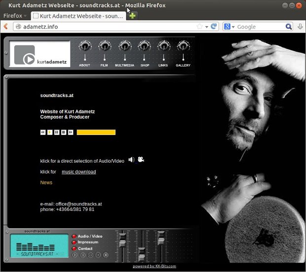 soundtracks.at-Startseite mit Porträt des Musikers und Audioplayer