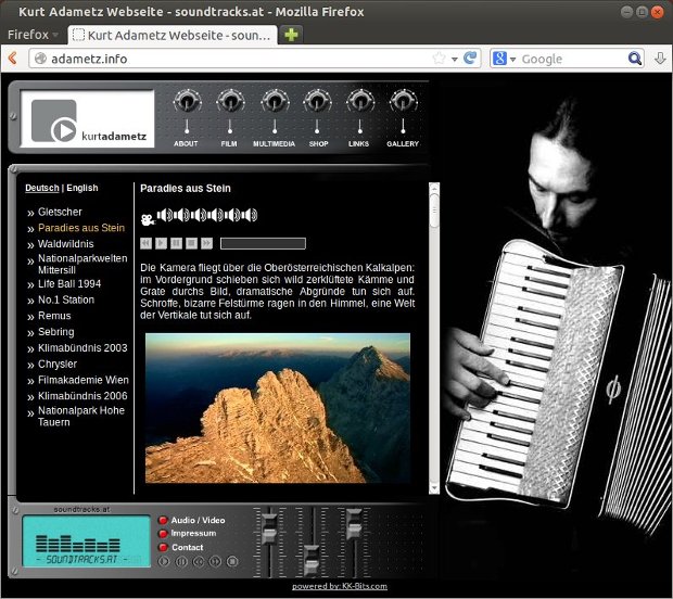 soundtracks.at-Webseite mit Musiker am Akkordeon und Text