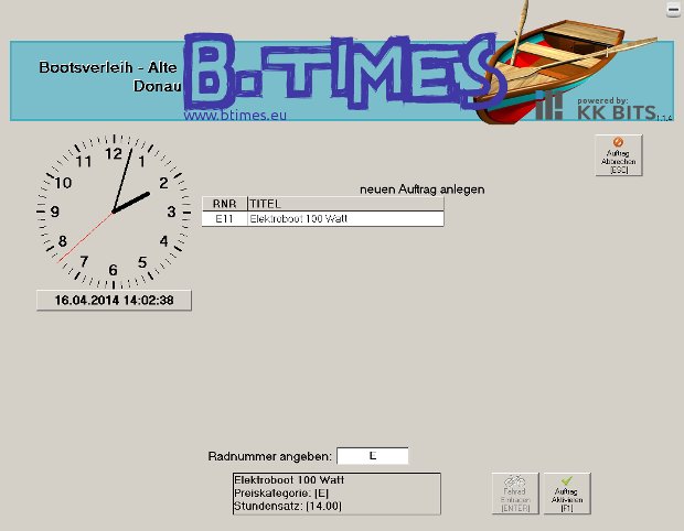 B.Times-Auftragserfassung mit Uhr und Eingabefeld für Bootsverleih