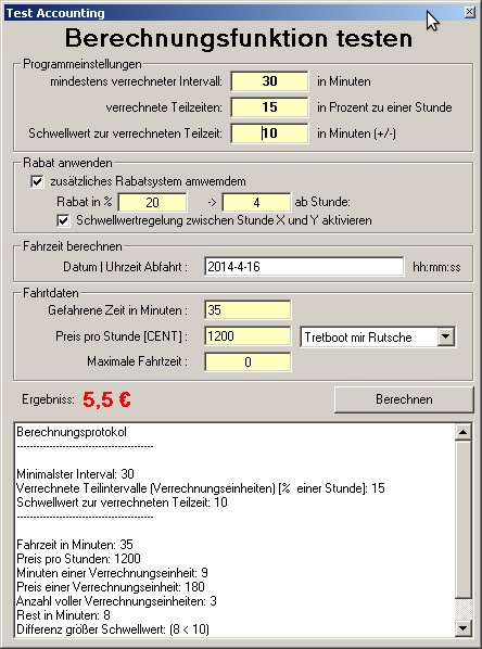 B.Times-Testberechnung mit Einstellungen und berechnetem Preis