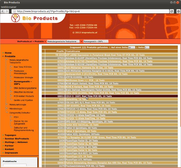 Bio-Products-Produktliste mit Artikeln und Kategorien