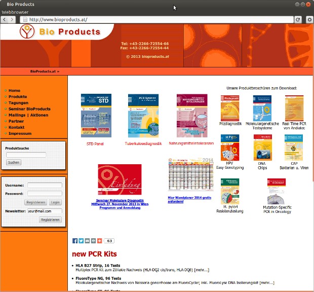 Bio-Products-Startseite mit Produktbildern und Loginbereich