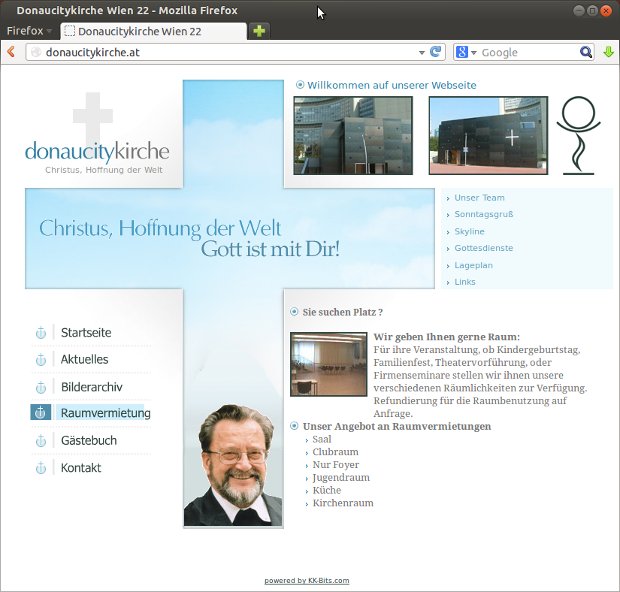 Webseite der Donaucitykirche mit Kirchenfotos und Begrüßungstext