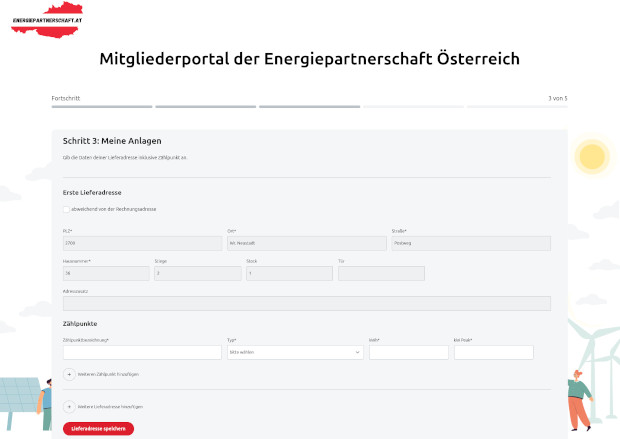 Mitgliederportal der Energiepartnerschaft Österreich mit Formular für Anlagen und Zählpunkte