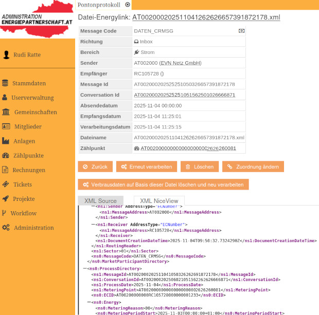 Administrationsansicht mit Details einer Energy-Link-Nachricht und XML-Quelltext