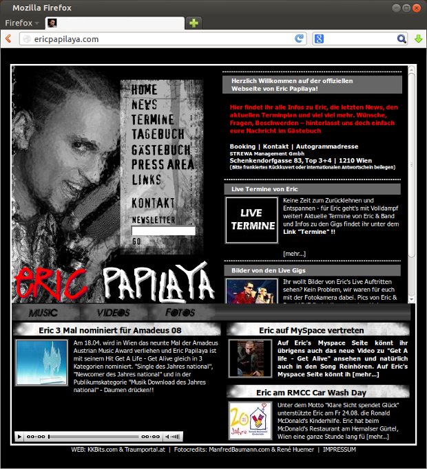 Eric-Papilaya-Webseite mit Porträt, Nachrichten und Auftrittsterminen