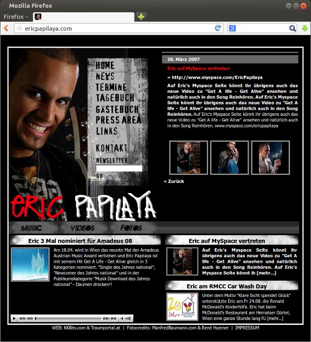 Eric-Papilaya-Webseite mit Myspace-Beitrag und Fotogalerie
