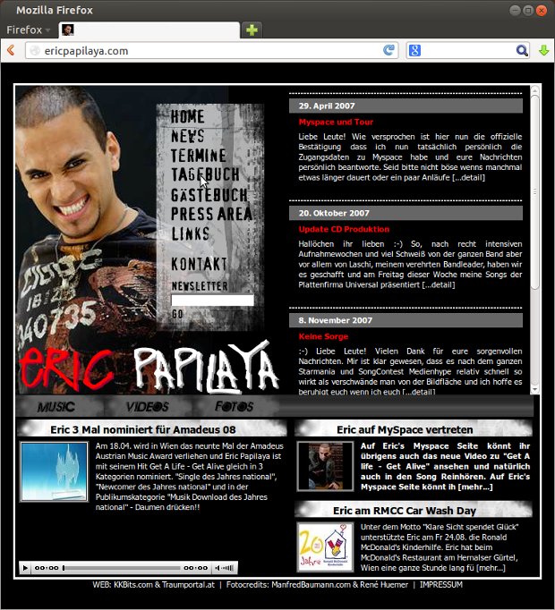 Eric-Papilaya-Webseite mit Nachrichten und Foto des Musikers