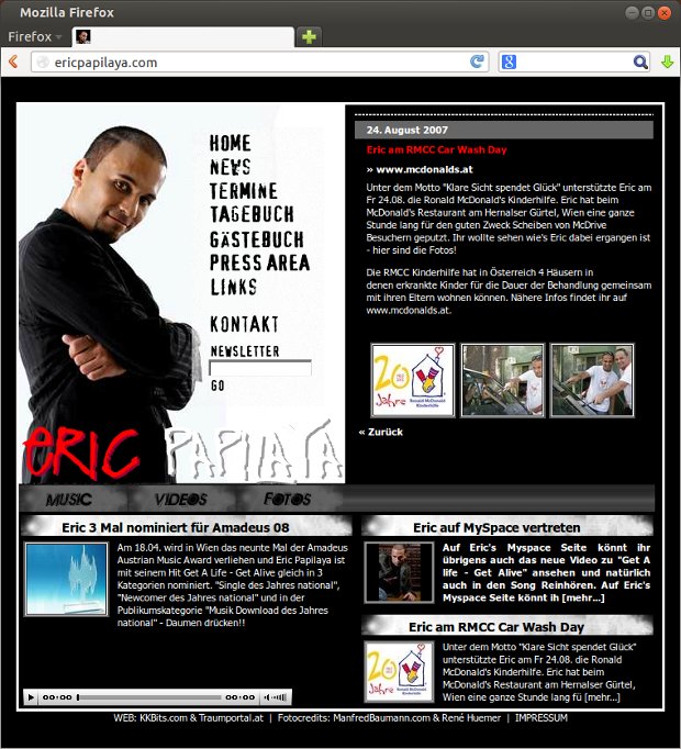 Eric-Papilaya-Webseite mit Meldung zu einer Benefizaktion