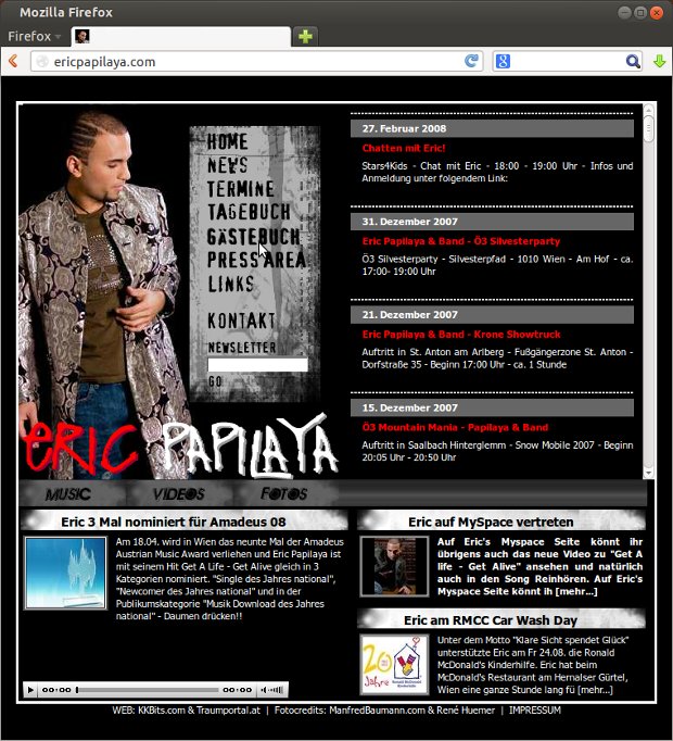 Eric-Papilaya-Webseite mit Veranstaltungsterminen und Foto des Musikers