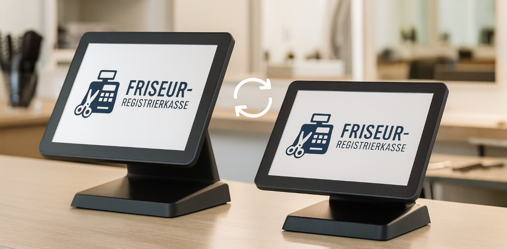 Zwei Touch-Kassenterminals mit dem Logo der Friseur-Registrierkasse und einem Synchronisationssymbol im Friseursalon.