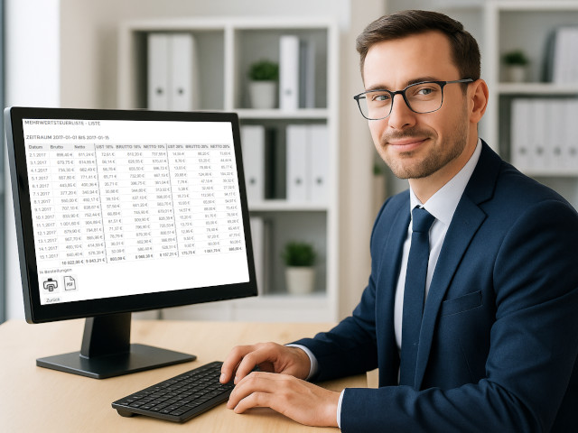 Steuerberater am Computer mit einer Umsatzsteuer-Auswertung der Friseur-Registrierkasse.