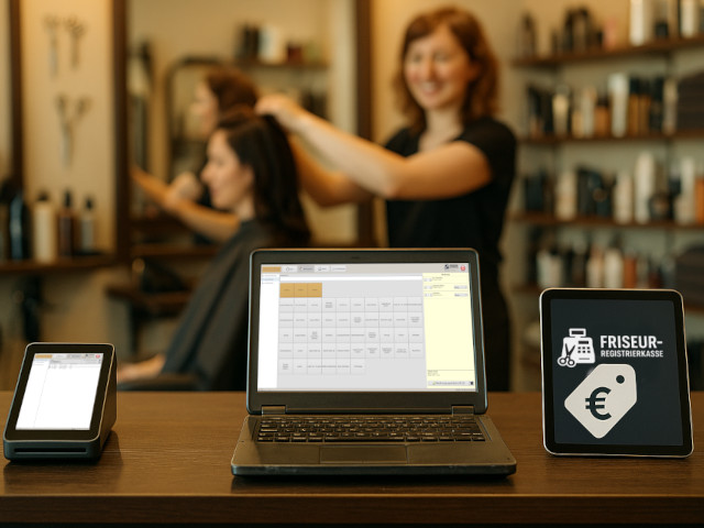 Friseur-Registrierkasse auf einem kompakten Kassenterminal, einem Notebook und einem Tablet im Friseursalon.
