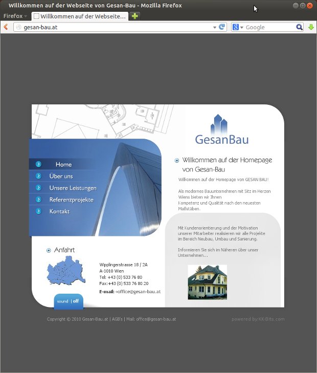 Gesan-Bau-Startseite mit blauem Gebäudeentwurf und Firmeninformationen