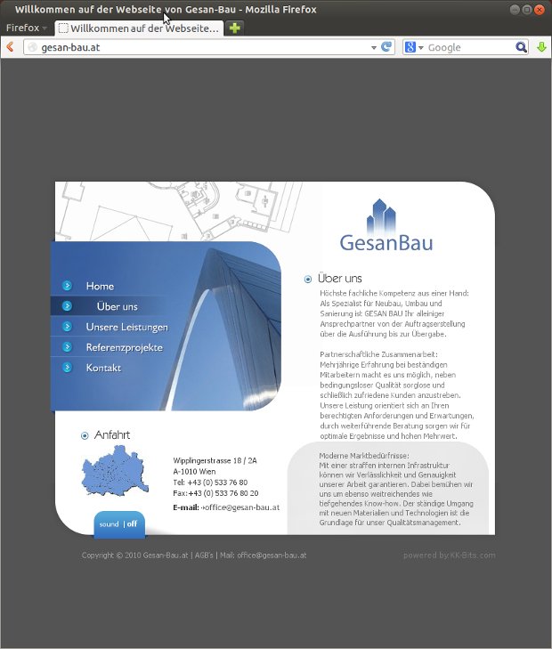 Über-uns-Seite von Gesan Bau mit Text und Gebäudegrafik