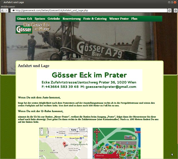 Anfahrtsseite des Gösser Eck mit Lageplan und Adresse im Prater