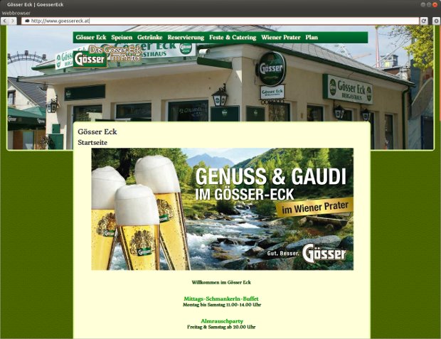 Startseite des Gösser Eck mit Foto des Lokals und Bierwerbung