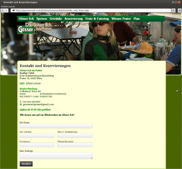 Gösser-Eck-Kontaktseite mit Formular vor einem Foto des Lokals