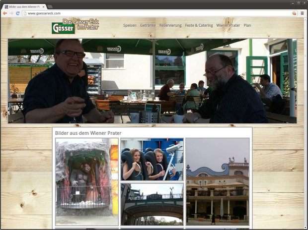 Gösser-Eck-Webseite mit Biergartenfoto und Bildergalerie