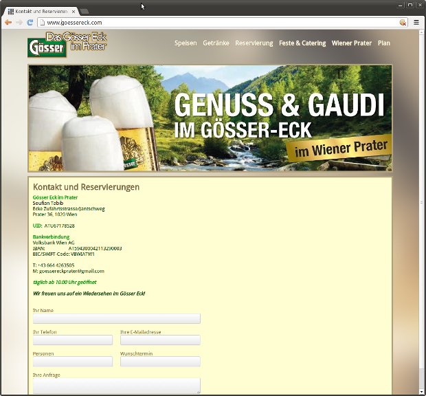 Gösser-Eck-Kontaktseite mit Biermotiv und Reservierungsformular