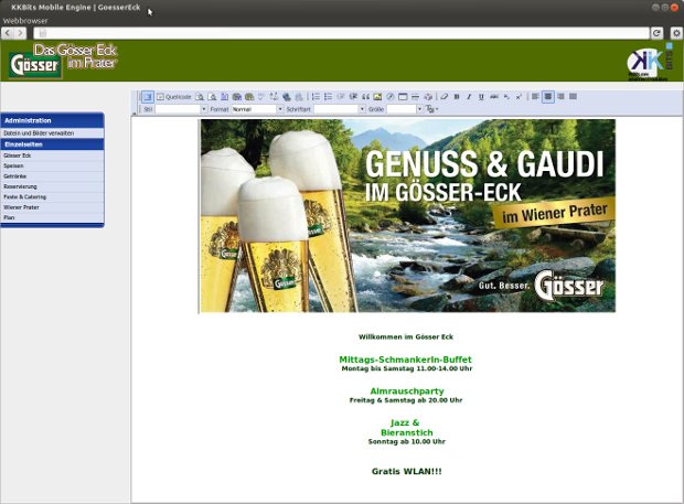 Gösser-Eck-Backend mit Editor für Webseiteninhalte und Biermotiv