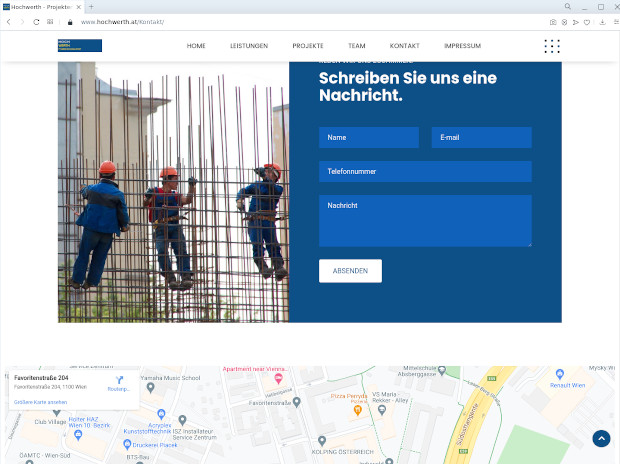 Hochwerth-Kontaktseite mit Formular und Foto von Bauarbeitern