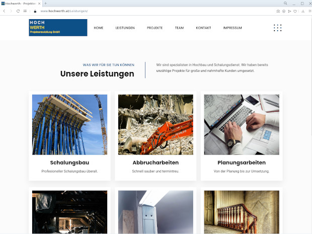 Leistungsübersicht von Hochwerth mit Fotos zu Schalungsbau, Abbruch und Planung