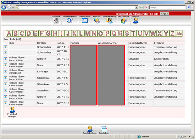 Holmes-Place-Intranet mit alphabetischer Partnerliste