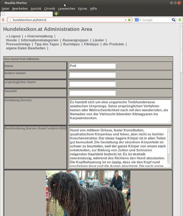 Administrationsformular von Hundelexikon.at zum Bearbeiten eines Artikels