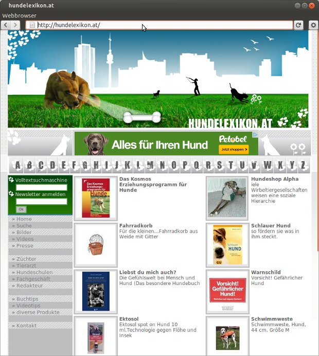 Startseite von Hundelexikon.at mit Artikeln, Hundebildern und alphabetischer Suche
