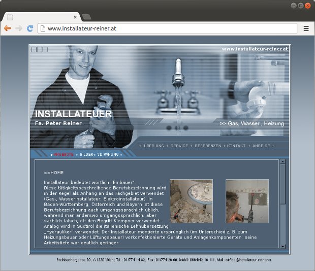 Startseite des Installateurs Reiner mit Porträt und Sanitärmotiven