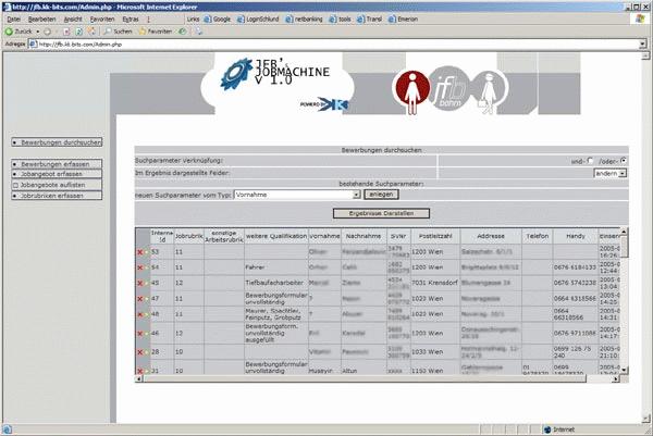 JFB-Job-Machine-Verwaltung mit Tabelle von Bewerberdatensätzen
