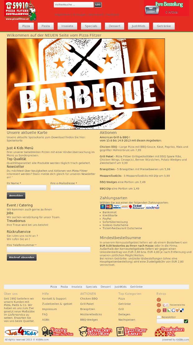 Pizza-Flitzer-Startseite mit Grillwerbung und Speisekarte