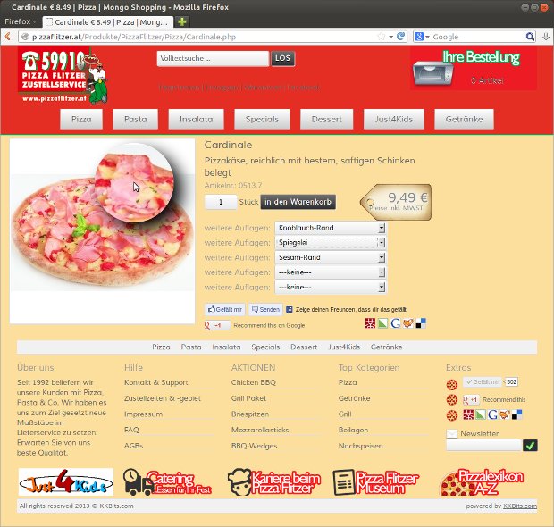 Pizza-Flitzer-Produktseite mit Pizza und Auswahlliste für Varianten
