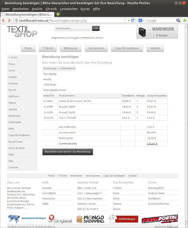 Bestellübersicht im Textilhandel-Wien-Shop vor der Bestätigung