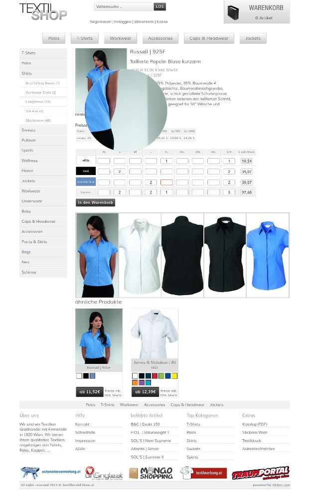 Produktdetailseite im Textilhandel-Wien-Shop mit T-Shirt und Farbvarianten