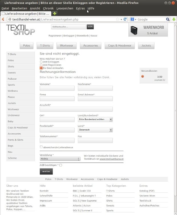 Formular für Rechnungsadresse und Kontaktdaten im Textilhandel-Wien-Shop