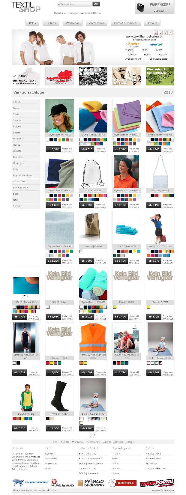 Startseite des Textilhandel-Wien-Onlineshops mit Bekleidung und Produktkategorien