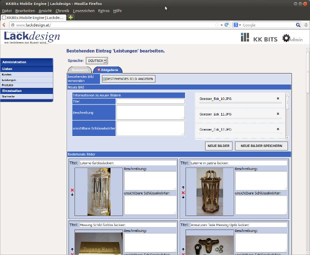 Lackdesign-Backend zum Bearbeiten von Leistungen und Bildern