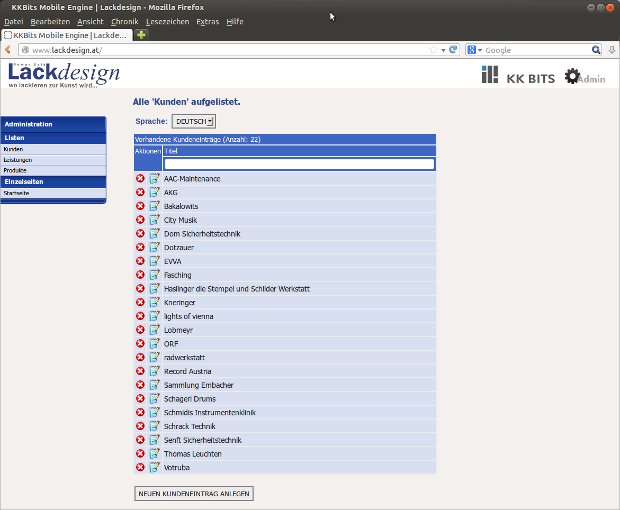 Lackdesign-Verwaltung mit Liste der Kunden und Statussymbolen