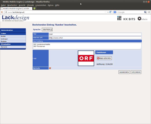 Lackdesign-Backend zum Bearbeiten eines Kundeneintrags mit ORF-Logo