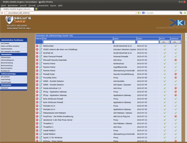 Securebase-Verwaltung mit Tabelle der Softwareeinträge und Statussymbolen