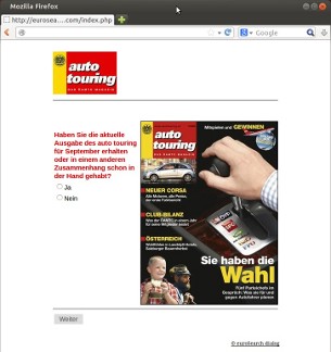 Eurosearch-Umfrage für auto touring mit Titelseite und Frage
