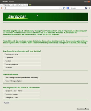 Europcar-Fragebogen mit grüner Kopfzeile und Auswahlfragen