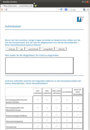 Eurosearch-Fragebogen mit Textfeld und Bewertungstabelle