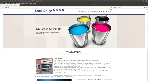 Lackdesign-Startseite mit farbigen Lackdosen und Produktfoto