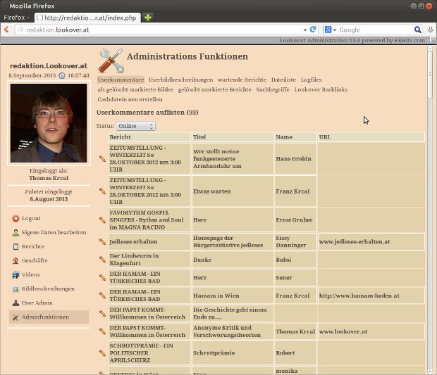 Lookover-Redaktionssystem mit Liste administrativer Funktionen