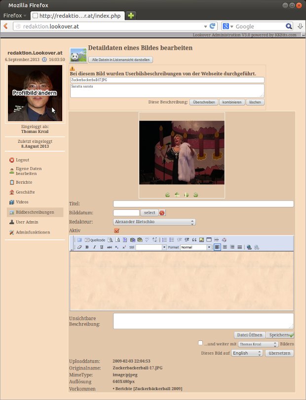Lookover-Editor für einen Artikel mit Bild und Textfeldern