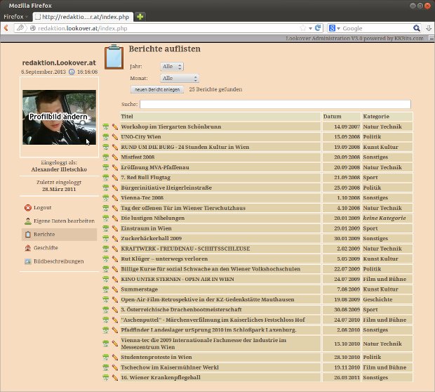 Lookover-Redaktionssystem mit Tabelle der veröffentlichten Berichte